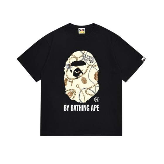 Black BAPE T-Shirt with Gold Chain Print Ape Head and "BY BATHING APE" Logo